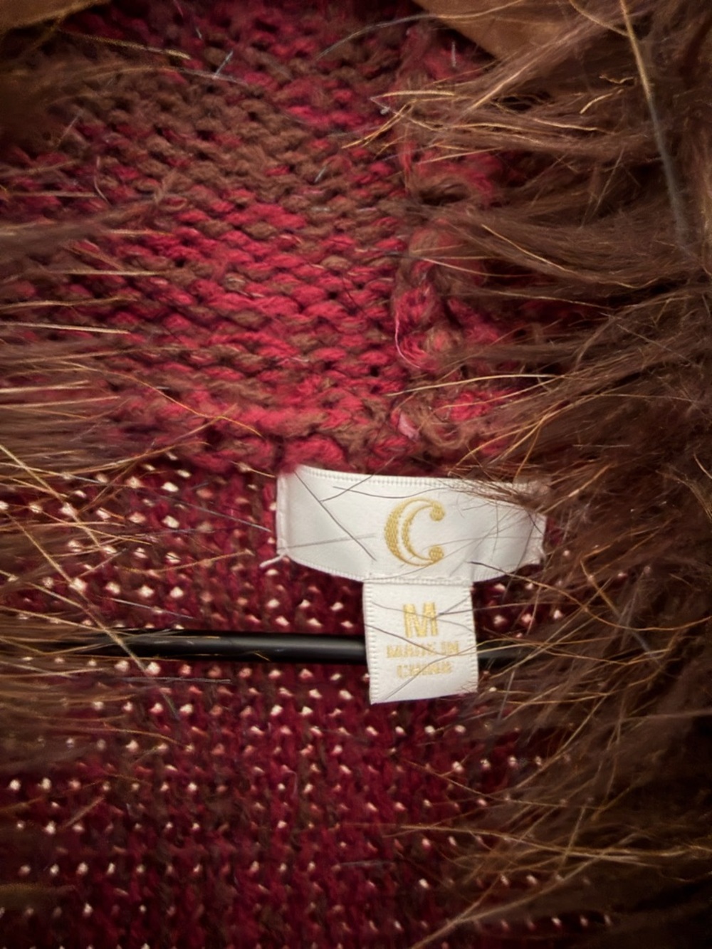 C Burgundy Knit Vest with Brown Faux Fur Trim - Picture 3 of 4